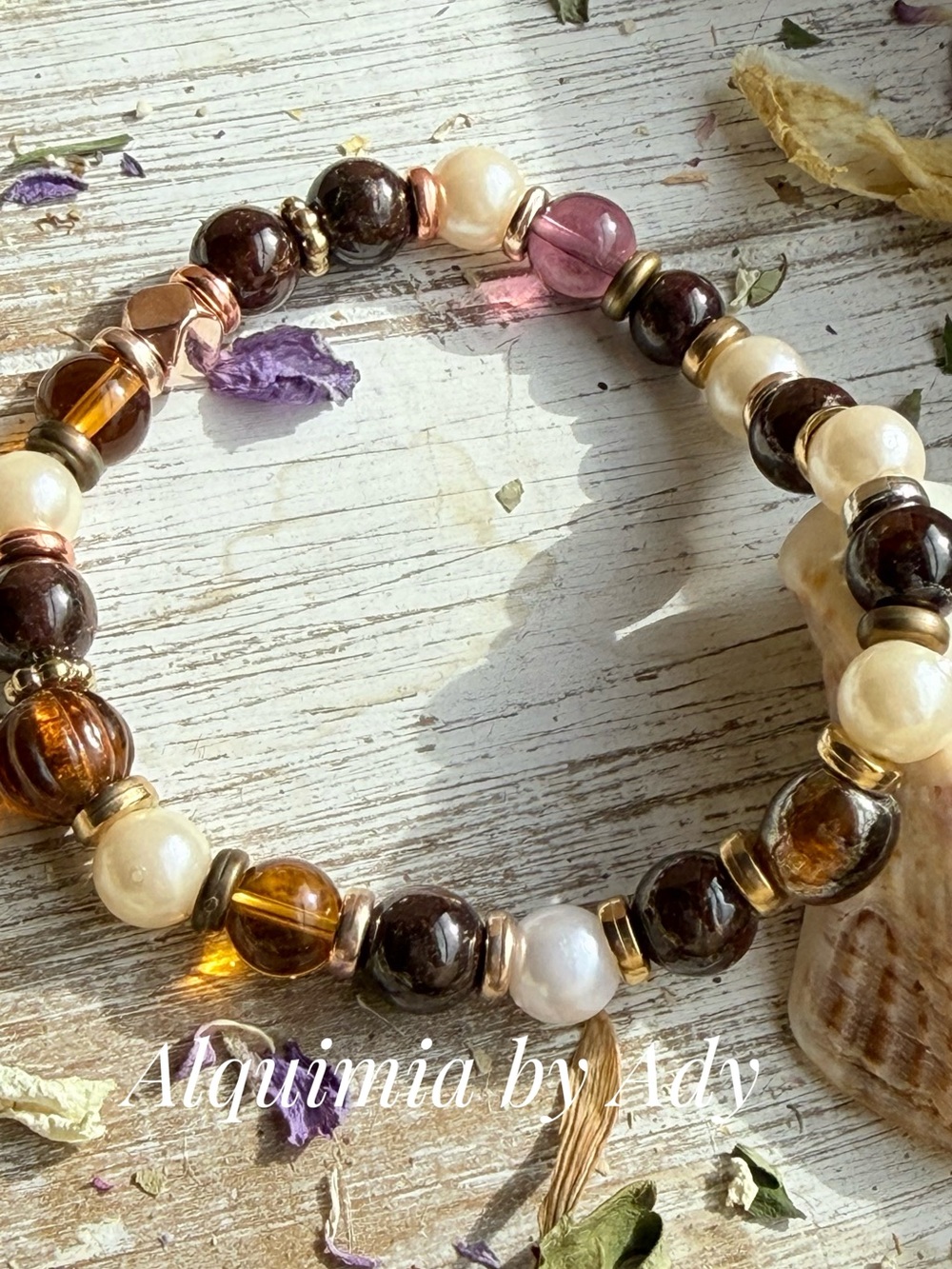 Garnet Brown, Gold, Cream & Pink Bead Stretch Bracelet